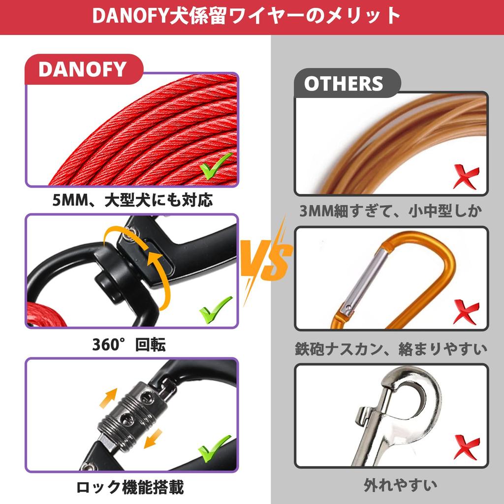 DANOFY Dog Wire Tether Lead Cable Dog Tether Cable 5mm Carabiner with Lock Runner Cable Training Lead for Outdoor Garden Camping Suitable for Medium