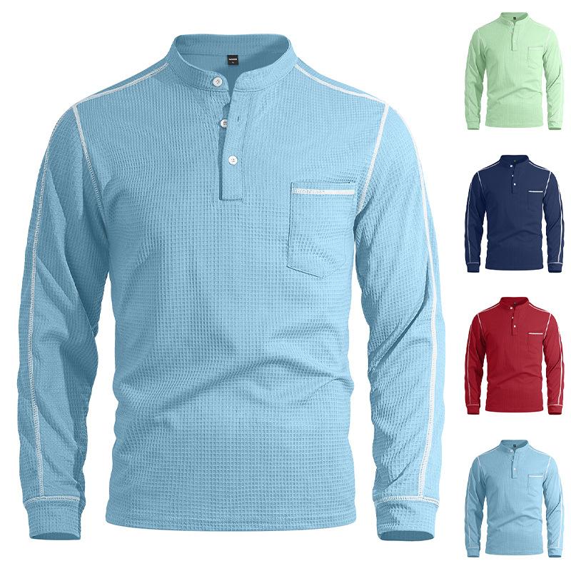 New Men's Waffle Long-sleeved Shirt with Patch-style Buttons, Henry Collar, Pocket-style Casual Outdoor Sports Men's Polo Shirt