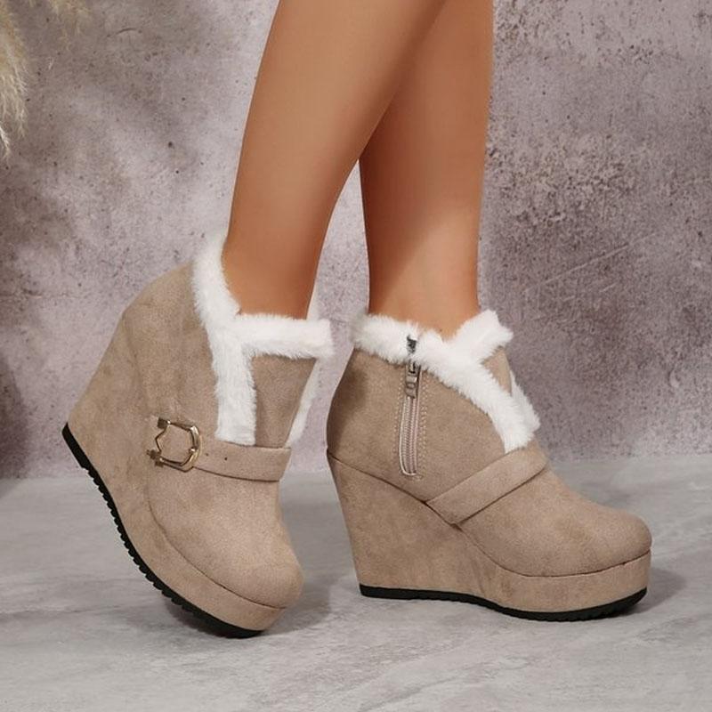 Stivali Invernali da Donna Moda Piattaforma Tacco a Zeppa Stivaletti Camoscio Sintetico Imbottiti Caldi Scarpe a Suola Spessa