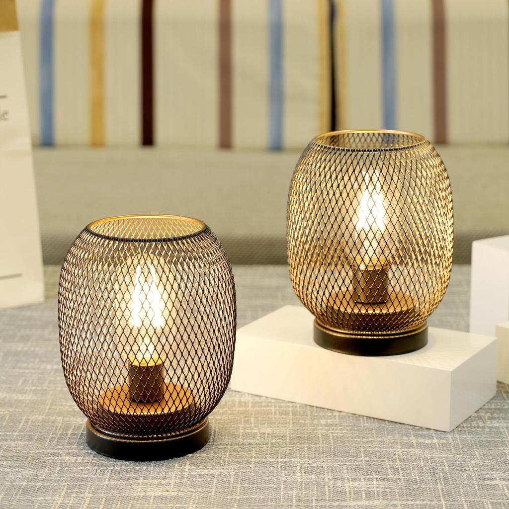 JHY DESIGN Metal Cage LED Lantern, 17cm Tall, Battery Operated, Cordless, Indirect Lighting, Antique Style, Table Lamp, LED Bulb Included, Perfect for