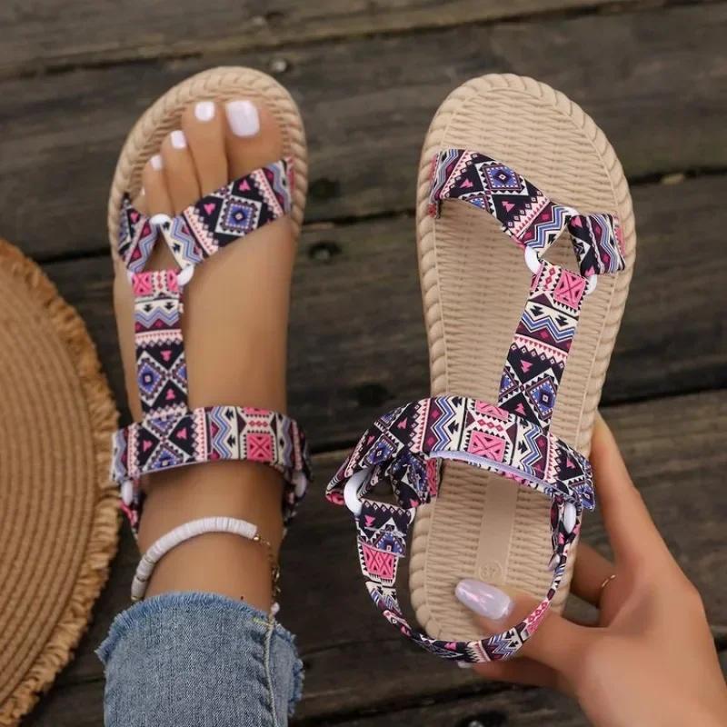 Sandalias Mujer Verano 2024 New Thin Sole Beach Shoes Comfort Wear Ethnic Style Footwear Women Casual Fish Mouth Flat Sandals