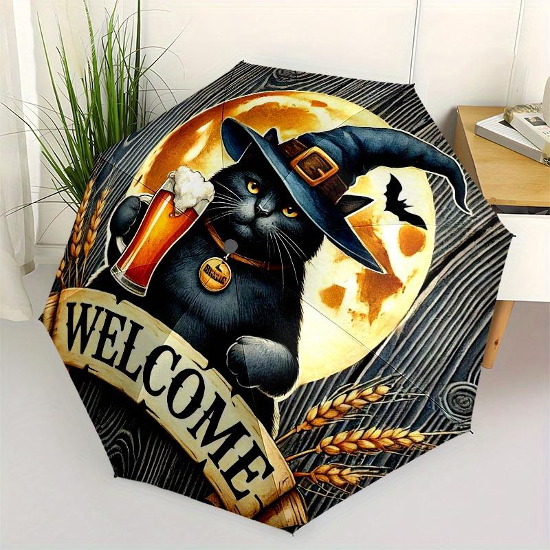 

Halloween Cat with Moon Welcome SignUmbrella, Portable 3-Fold Compact Umbrella for Men & Women Gift