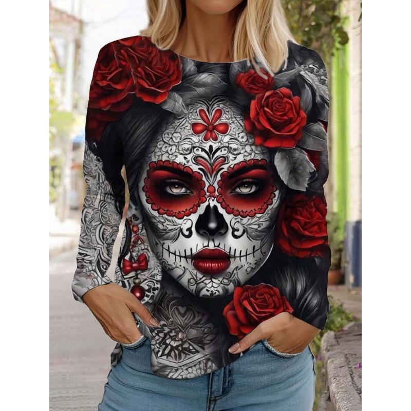 Sugar Skull Pattern Womens Long Sleeve Shirt Day of the Dead Shirts Summer 3D Printed Tops y2k Gothic style Women's Clothing
