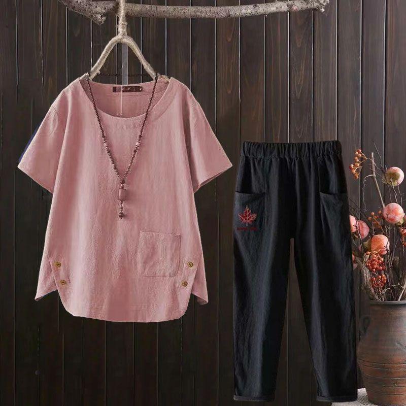 2pcs Cotton Linen Pants Suits Summer Women's Round Neck Cotton Linen Blouse Elastic Waist Cotton Linen Harem Pants Two-Piece Set Casual  Outfits