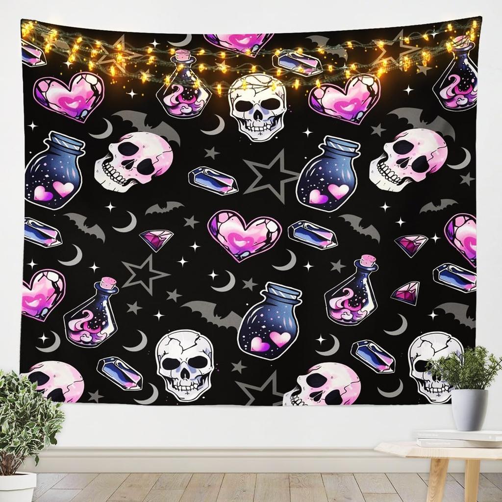 Gothic Skull Tapestry Skeleton Tapesrties Décor Living Room Bedroom Halloween Night Wall Hangings Art Black White Tapestry Wall