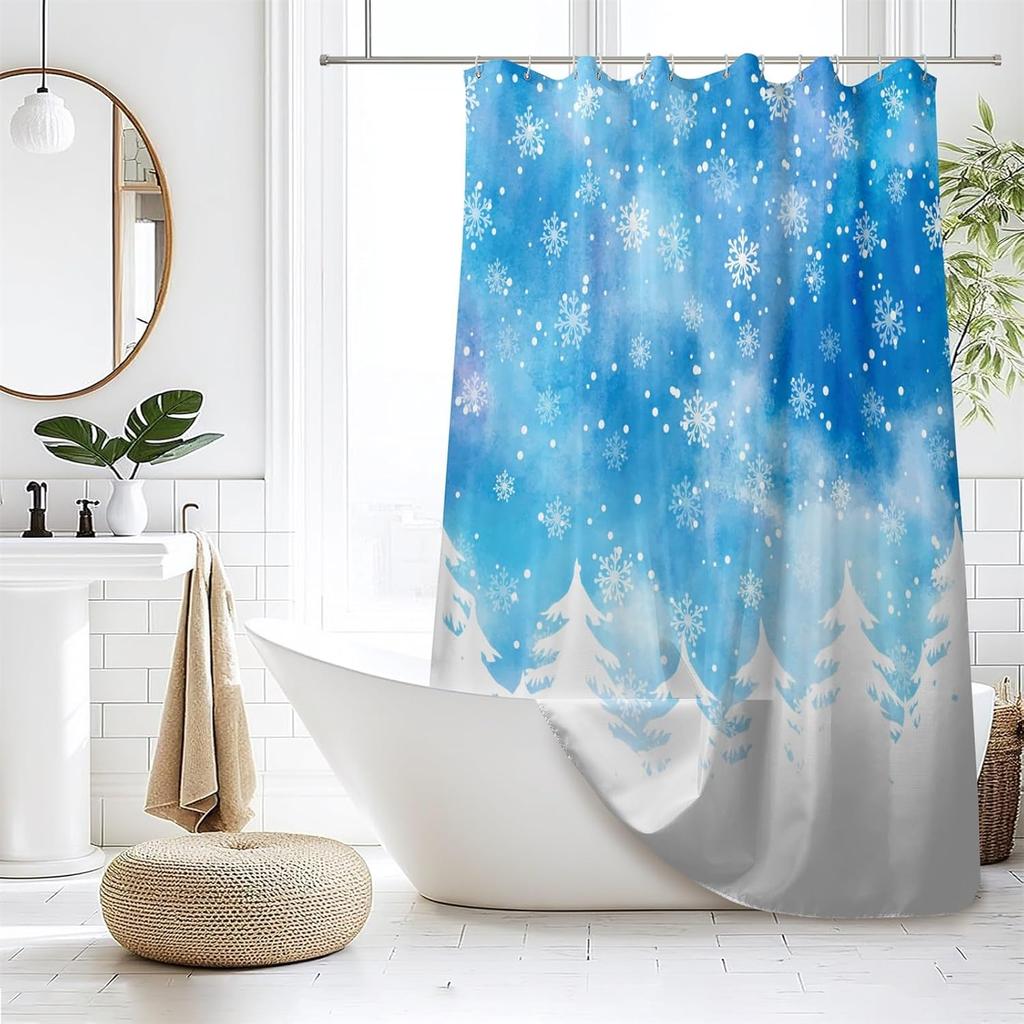 Winter Snowflake Shower Curtain Blue Sky Pine Trees Christmas Holiday Bath Decor Waterproof Fabric Seasonal Theme Home 70x80