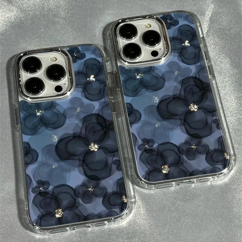 Dark Blue Floral Case for Samsung Galaxy S26 Edge S25 S24 S23 FE S22 Ultra Plus A73 5G A72 4G A71 A57 A55 A56 A51 4G TPU Cover