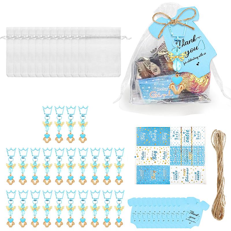 

24 Sets Baby Shower Party Favors Baby Shower Angel Keychains Label Sticker Cards Organza Bags For Baptism Party