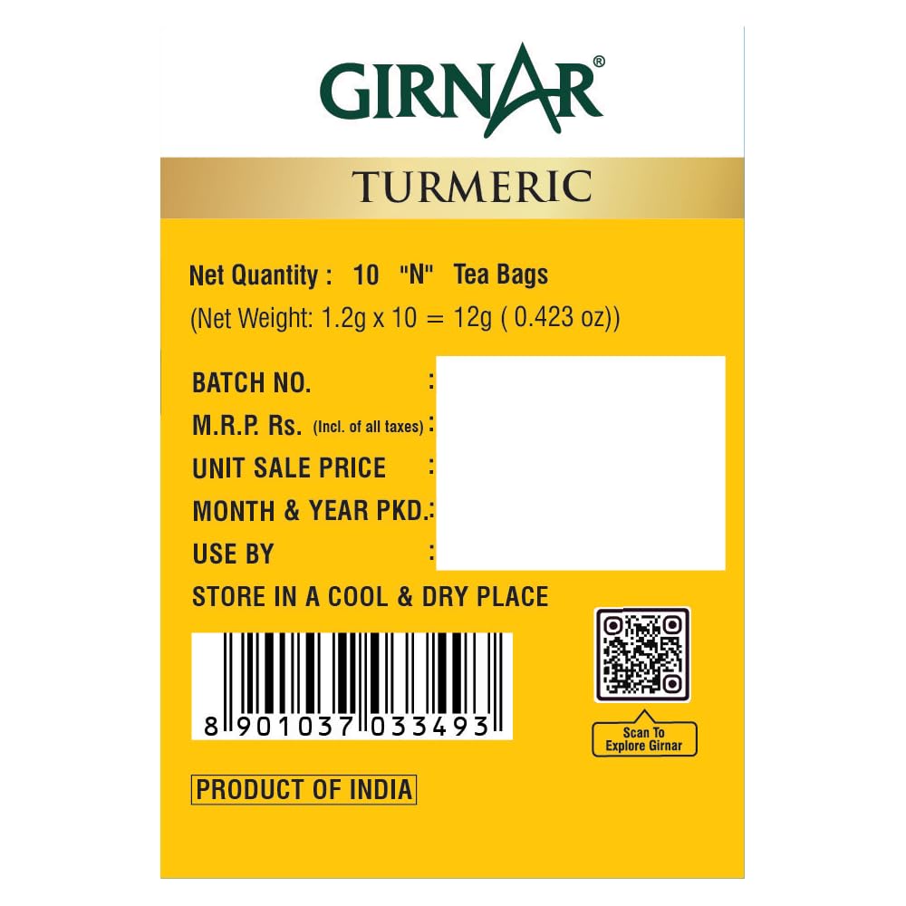 Girnar Green Tea with Turmeric Tea Bags 10 Count | Low Caffeine, Vegetarian, Allergen-Free Herbal Beverage