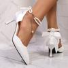 Fashion Pointed Toe Pearl Ankle Strap High Heels Pumps Women White Satin Bowknot Banquet Party Shoes Woman Elegant Stiletto Heeled Pumps