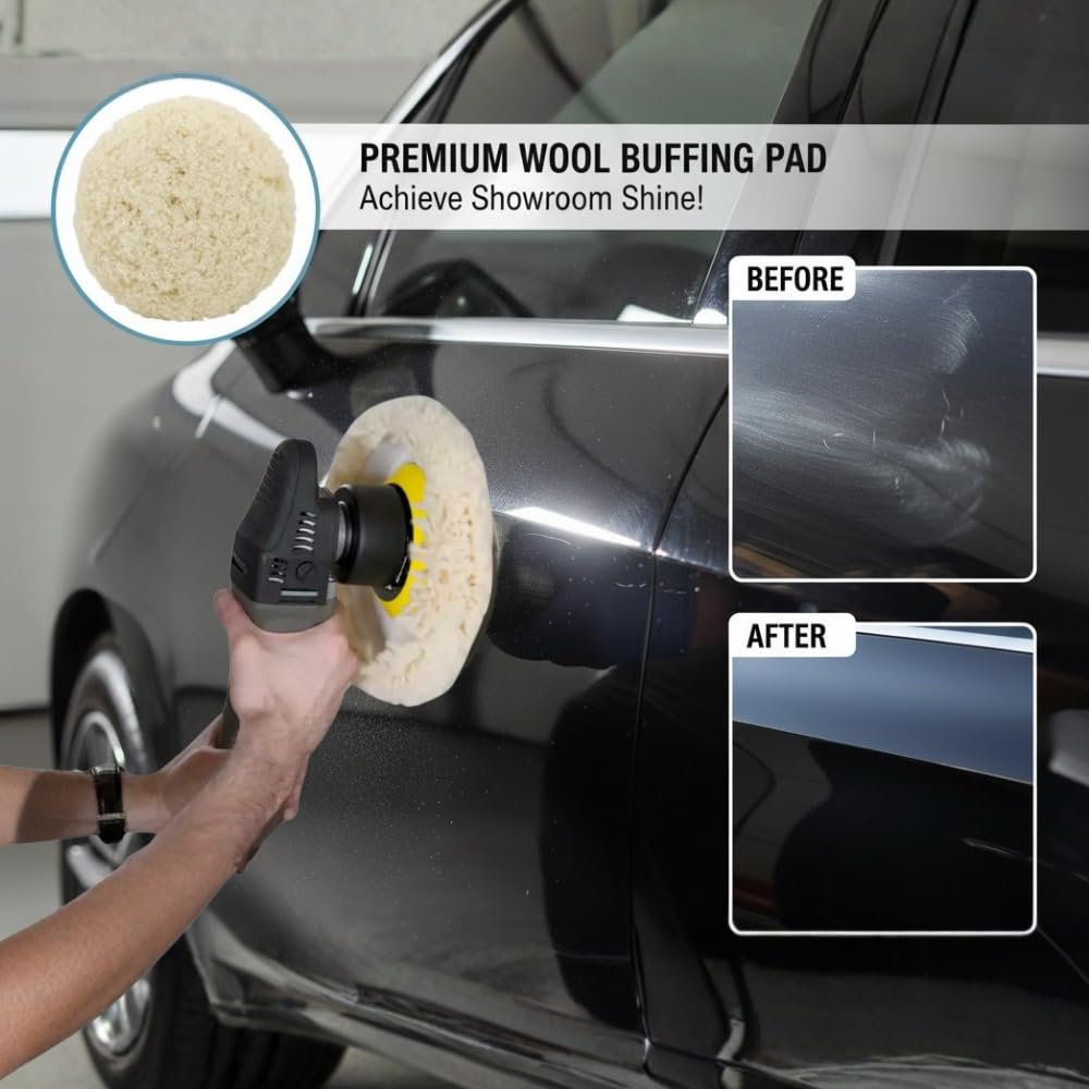 Woolous Wool Buffing Pad, 7 Inch 100% Natural Lambswool Polishing Pad Bonnet Hook And Loop For Car And Boat Polishing, Cutting And Detailing