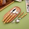 16 PCS Bamboo Handle Flatware Set, Stainless Steel Silverware Set for 4, Knives Forks Spoons and Tea Fork Set, Use For Home Kitchen Party and Travel