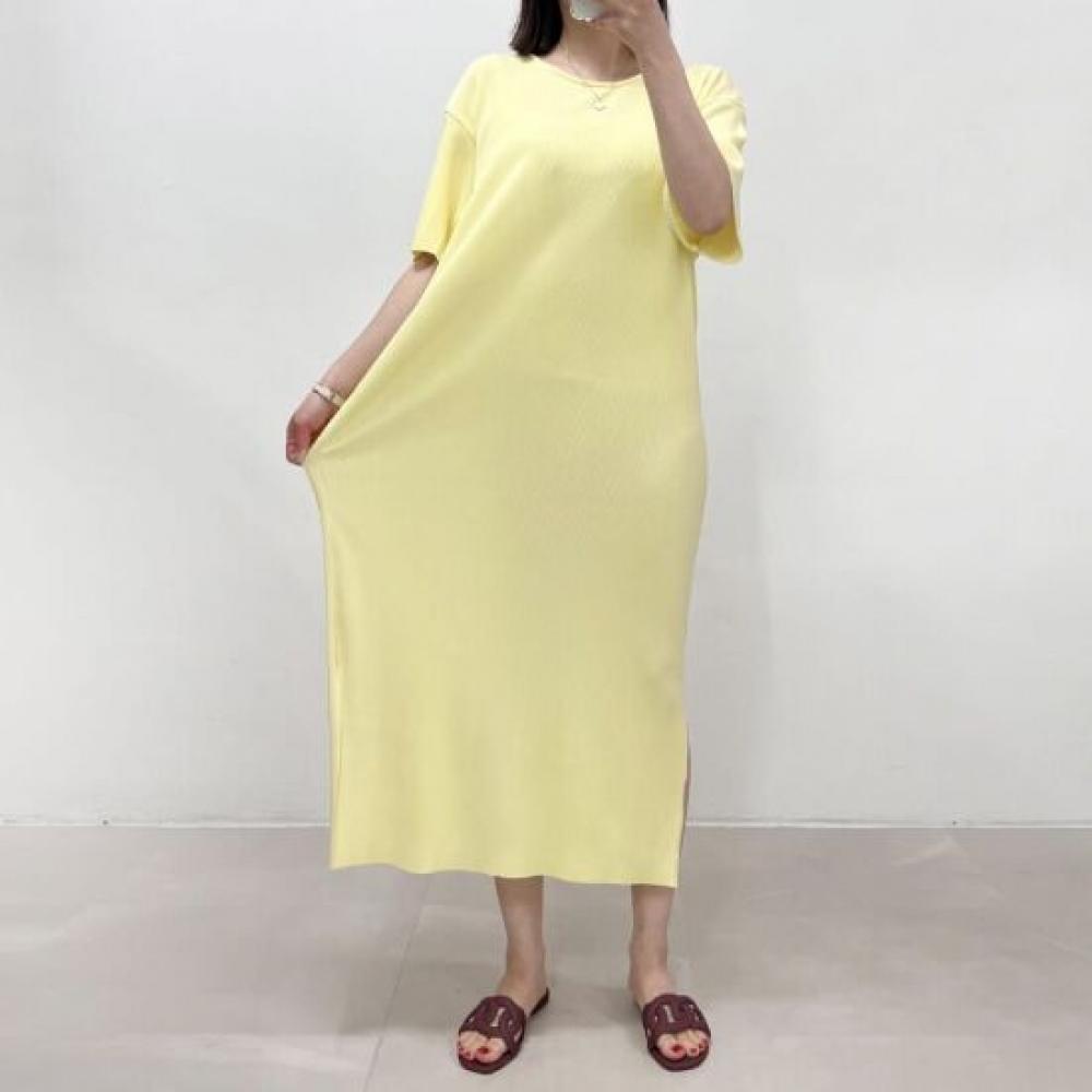 Mizqz Women Summer Pastel Ribbed Pleated Short Sleeve Long Dress Side Slit