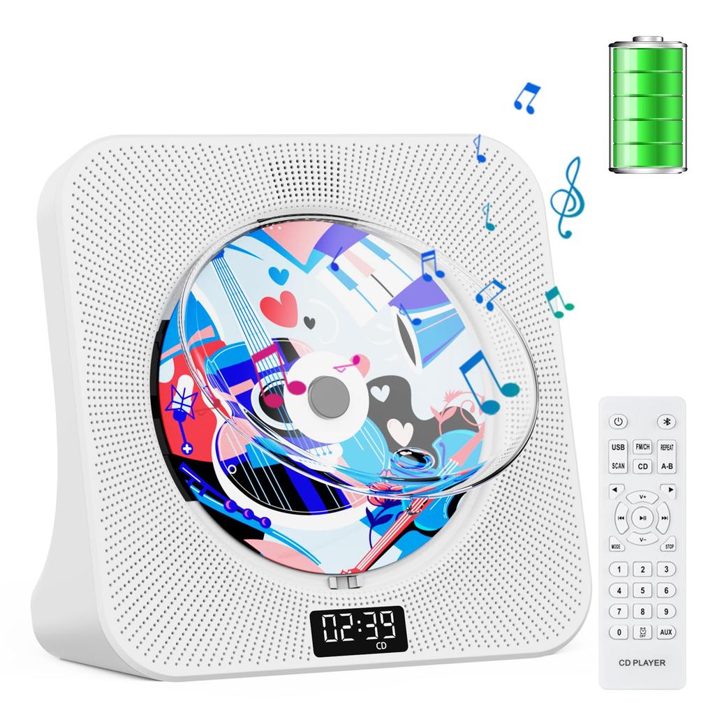Gueray CD Tabletop Bluetooth 4000mah Rechargeable CD Compatible with Repeat CD Scheduled Off Sleep Music PSE Japanese Instruction Manual White Player,