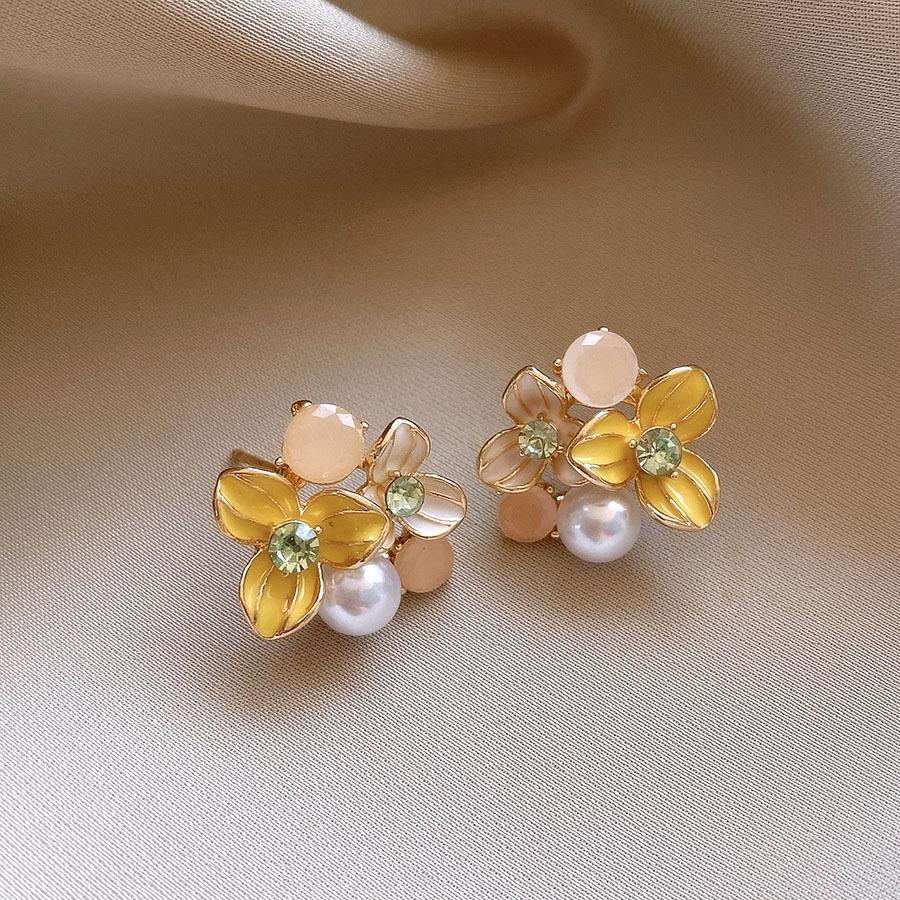 Серебряные Иголки Маленькие Свежие Сладкие Алмазный Цветок Жемчужные Пусеты Летние Пасторальные Серьги Серьги Женские
