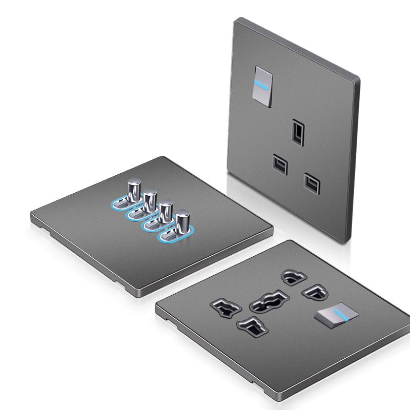 UK Standard Electric Wall Switches Socket Retro Style Stainless Steel Panel Multifunction with 220v Max. Voltage Manufactured UK