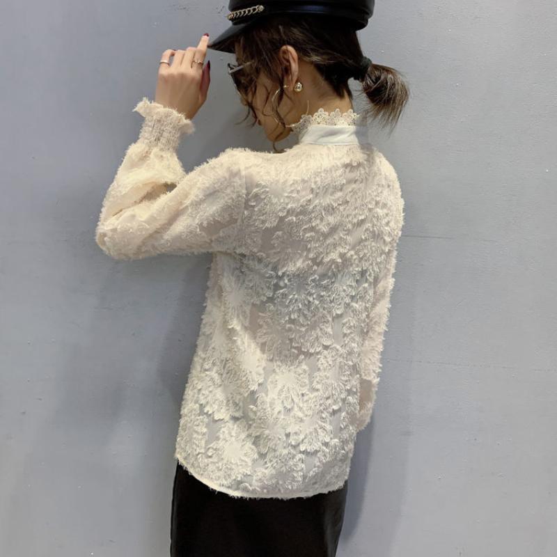 Solid Color Long-sleeved Sexy Lace Shirt Women's Spring Korean Version Slim Standing Neck Simple Versatile Shirt