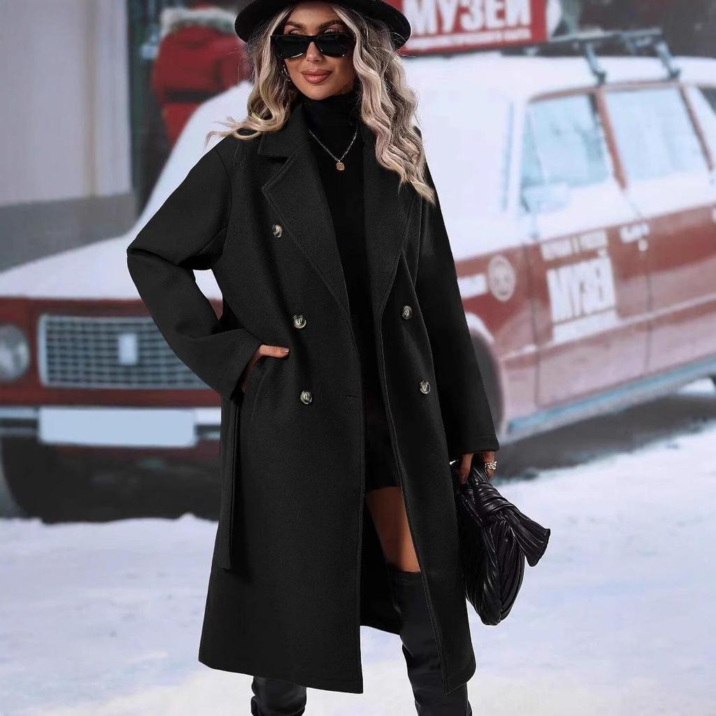 2025 Cross-Border Double-Breasted Solid Color Wool Coat with Lapel - Extra Long for Spring & Autumn
