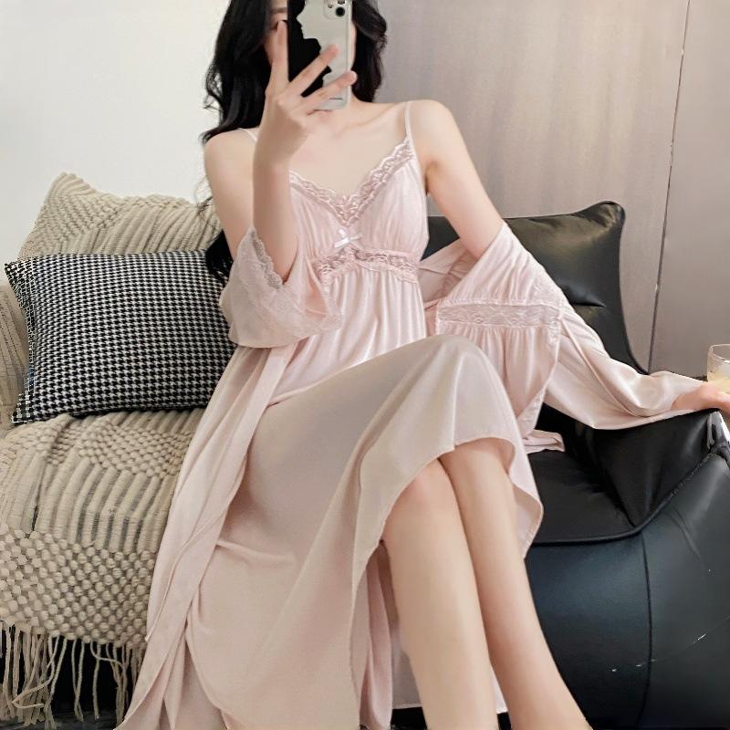 New long dress ice silk suspender nightdress thin female sexy lace pajamas two-piece set long loungewear