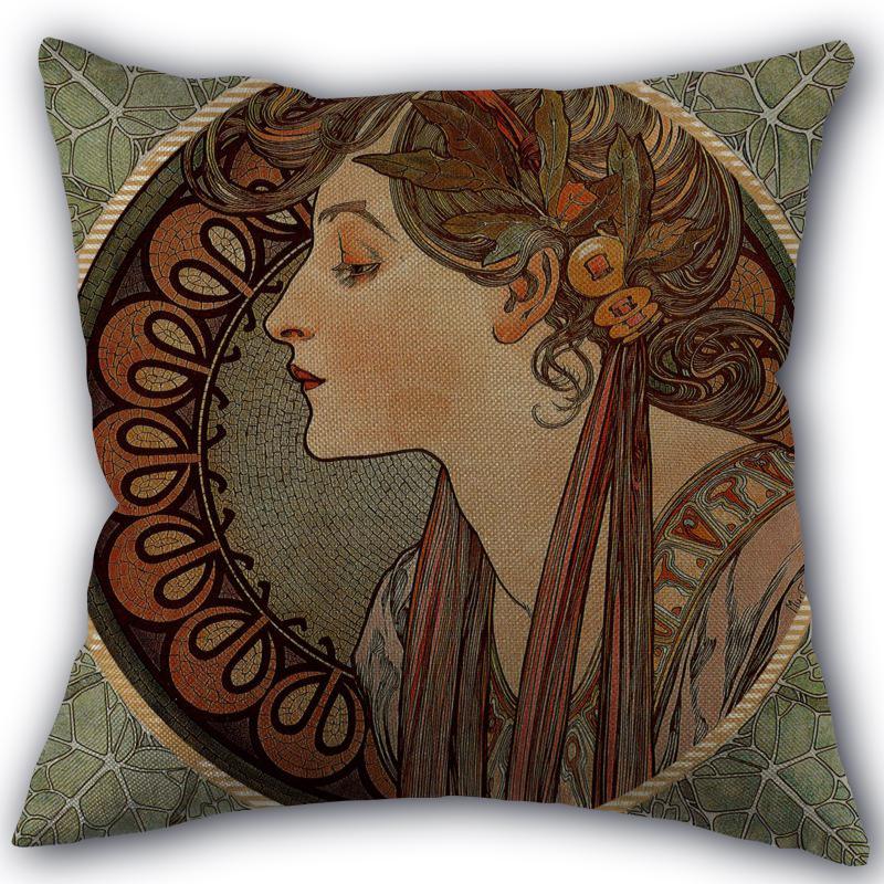 Custom Alphonse Mucha Art Pillowcase Cotton Linen Fabric Square Zipper Pillowcase 45X45 Wedding Decorative Pillow Cover