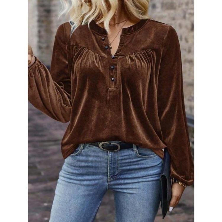 V Neck Vintage Lantern Sleeve Blouse Casual Loose Pullover Top Womens Long Sleeve Shirt Solid Color Spring Autumn