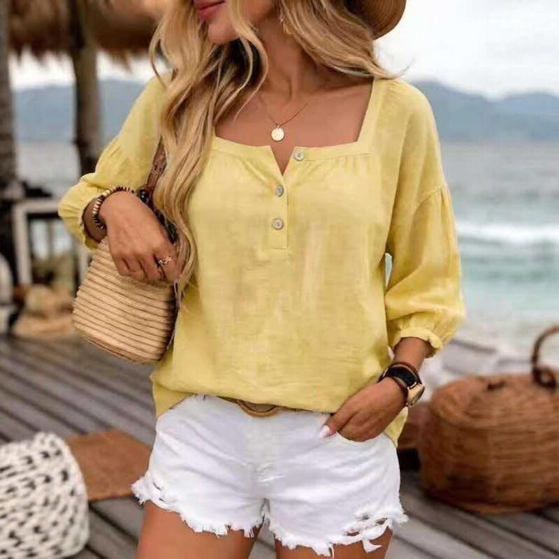 Women Square Neck Linen Blouse Half Button Loose Boho Casual Summer Top