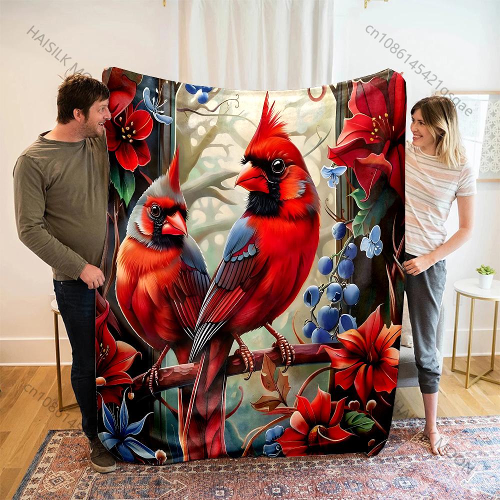 Red Cardinals with Vibrant Flowers Pattern Blanket Flannel Material Soft Warm for All Seasons, Home Outdoor Camping Picnics RV