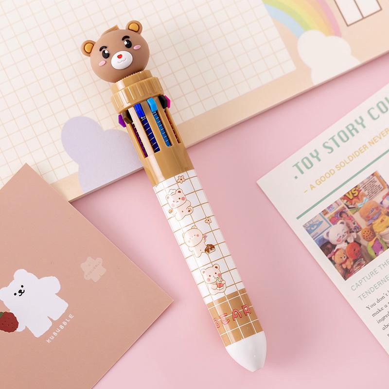 Bear 10 Color Ballpoint Pen, Cute Cartoon Push Button Multicolor Pen, Student School Supplies for Writing Drawing Gift for Kids