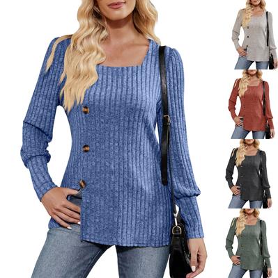Women's Winter Square Neck Bubble Long Sleeve Split Sweater T-shirt