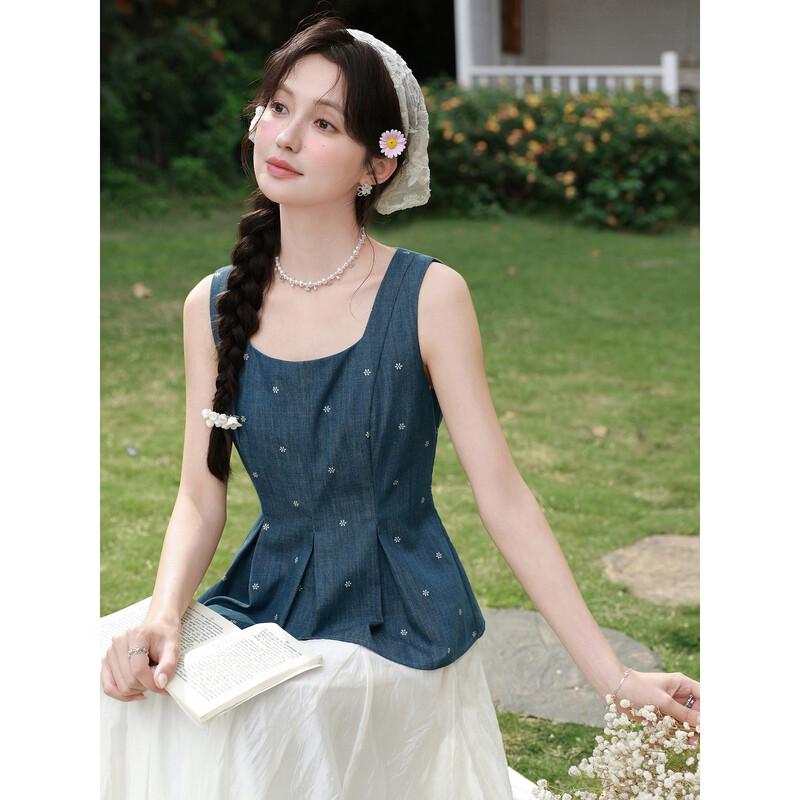 Women s Retro Denim Sleeveless Vest Top L