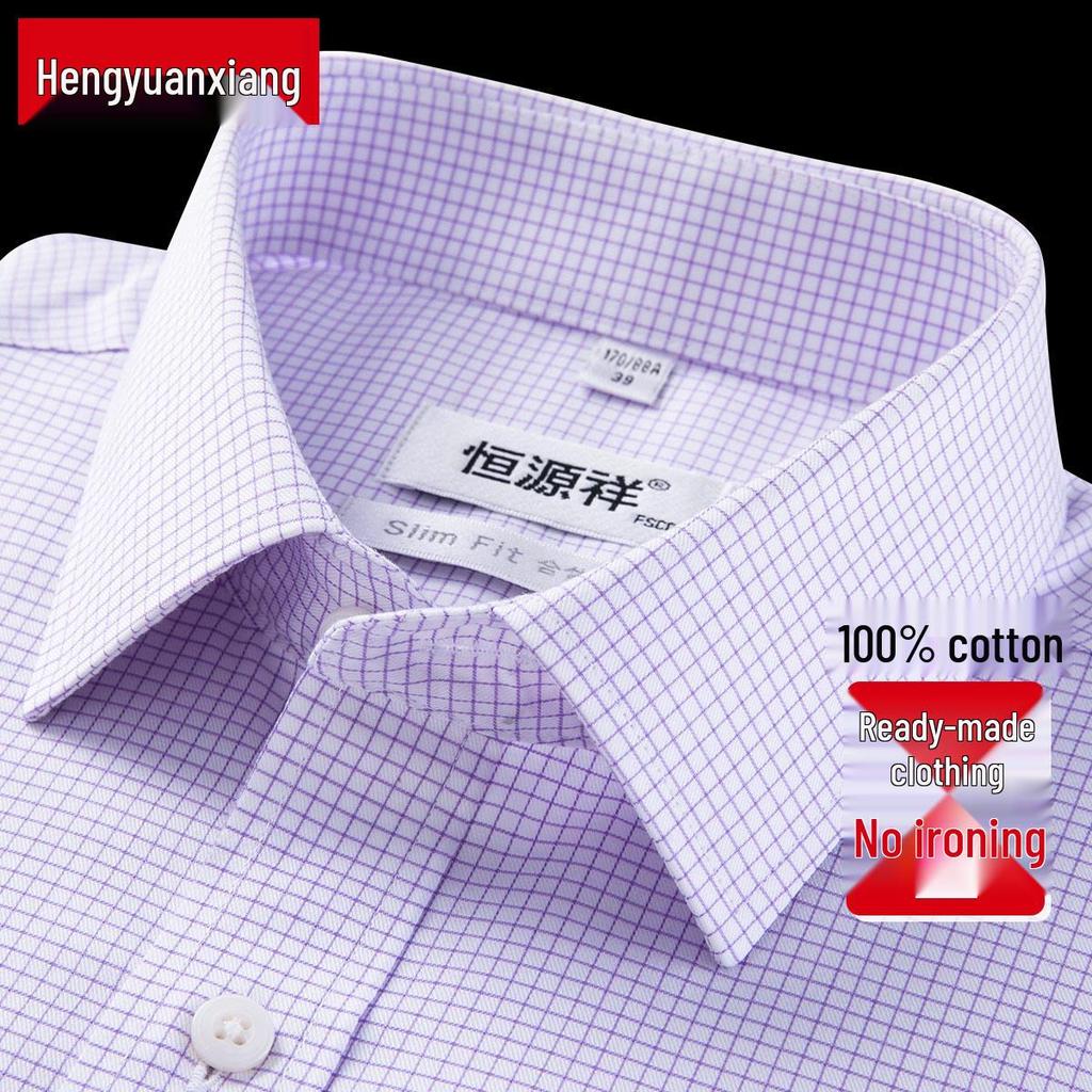 Camisa de Hombre de Algodón Premium a Cuadros Azul Manga Larga Sin Planchado - Primavera Auténtico Business Casual