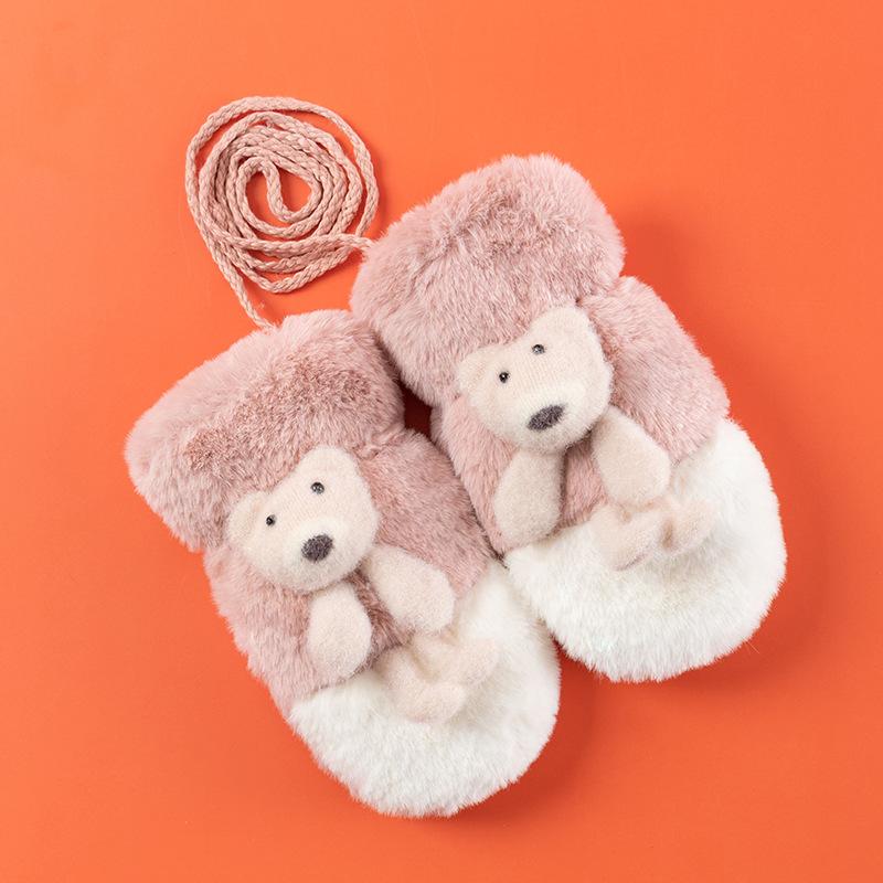 New children's thermal gloves wholesale, imitation rabbit hair lanyard jacquard gloves, double-layer velvet mittens
