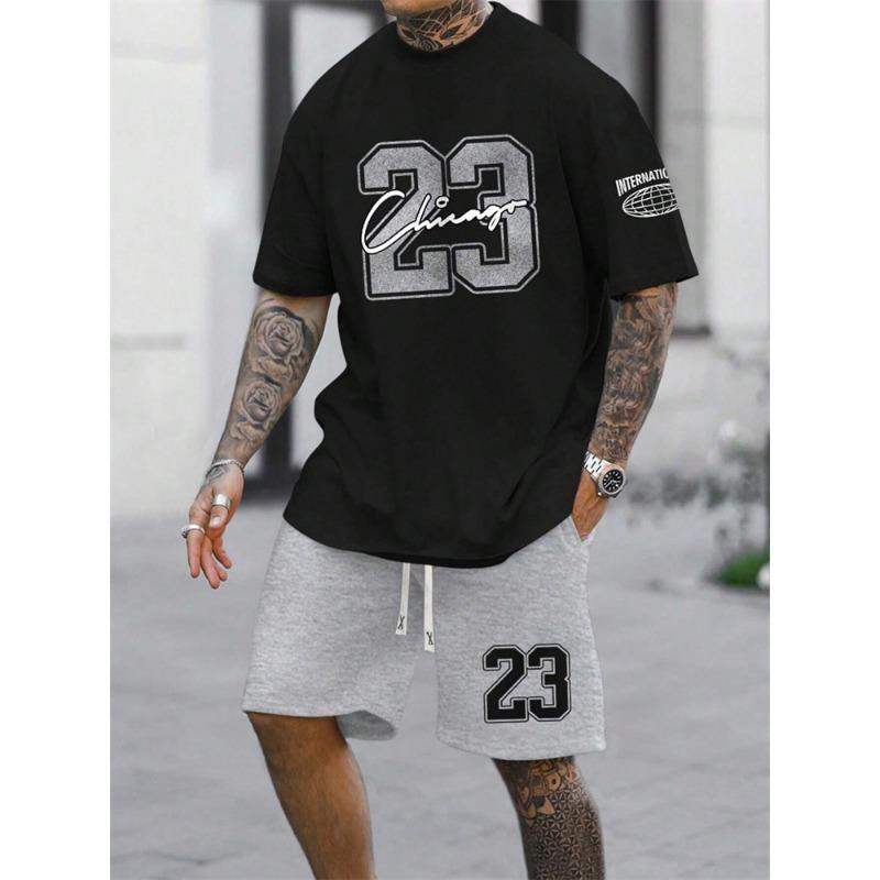 Men's Short Sleeve Shorts 2-Piece Tracksuit Fashion 23 Digital Printed Crewneck T-Shirt and Drawstring Shorts Set
