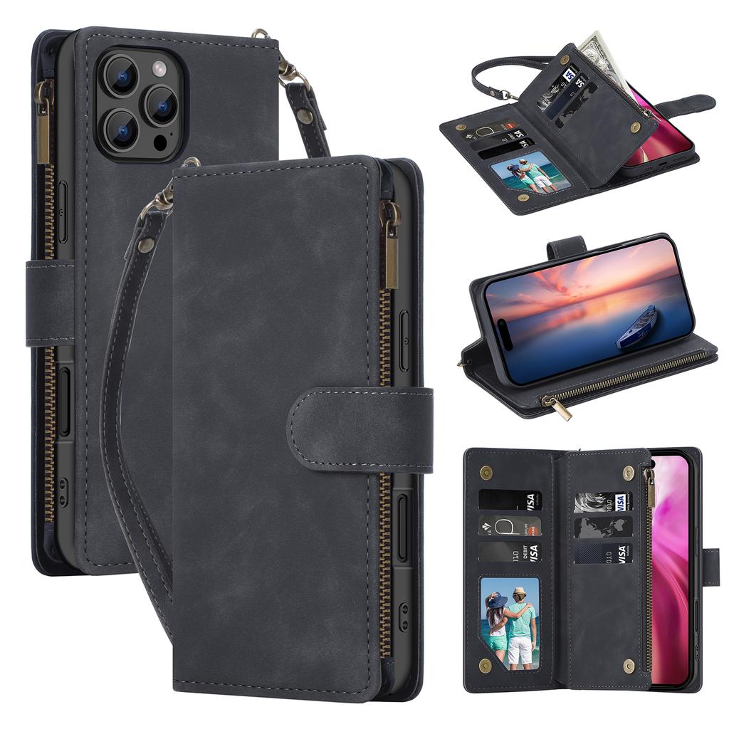For iPhone 16 Pro Max Case Zipper Multi-Pocket Wallet Leather Phone Cover with Shoulder and Wrist Straps