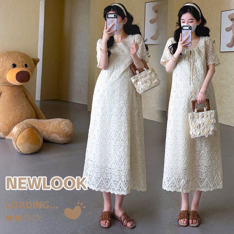 2026 Korean Style Plus Size Lace Embroidered Summer Maternity Dress Large
