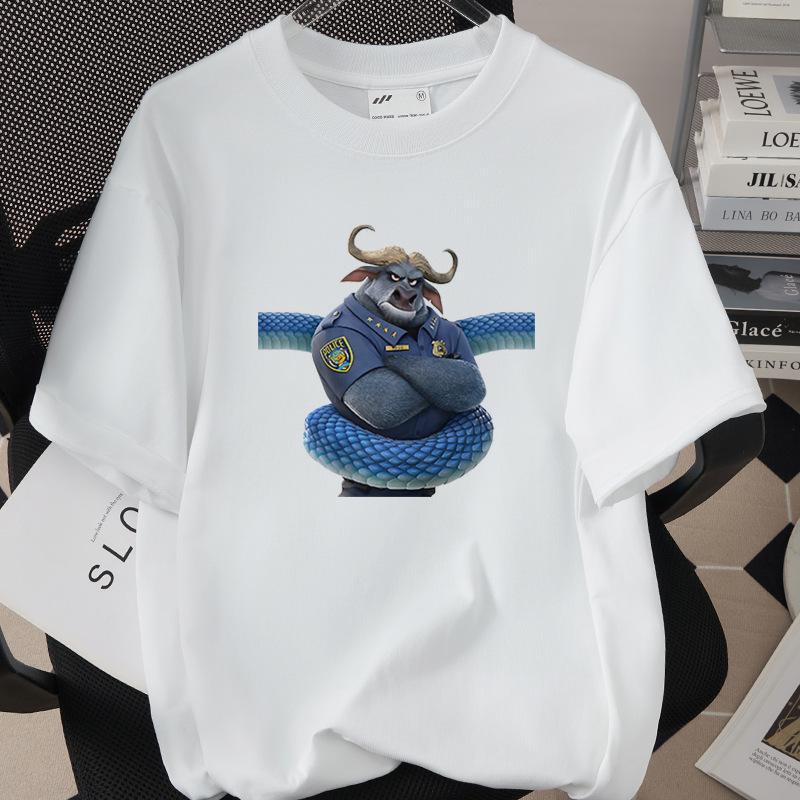 Hot Selling Cartoon Animal Print Pure Cotton T-shirt - 260g, Round Neck, Short Sleeve, Adult