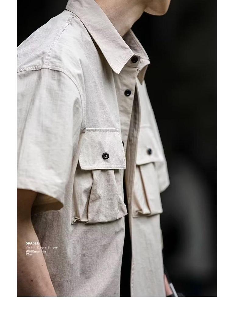Men's Japanese Style Solid Color Short-Sleeve Workwear Shirt with Large Pocket