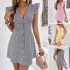 Summer Party Dress Women Striped Print Button Front V Neck Ruffle Cap Sleeve A Line Mini Dress
