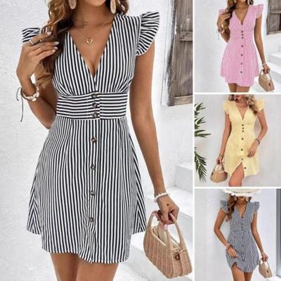 Summer Party Dress Women Striped Print Button Front V Neck Ruffle Cap Sleeve A Line Mini Dress