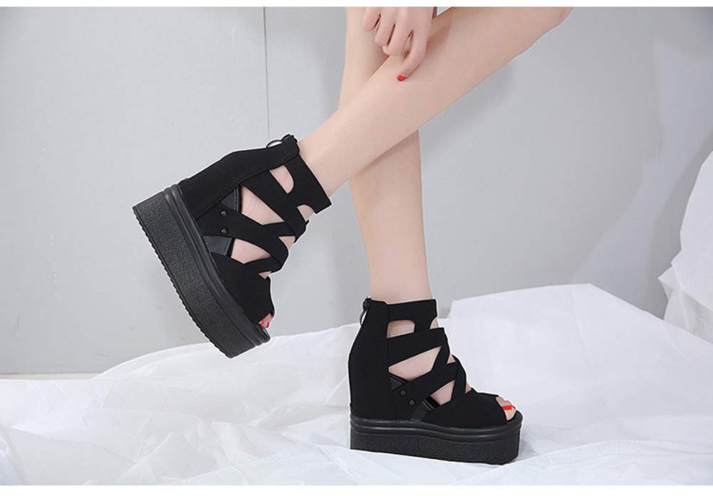 Jimei House Women's Platform Sandals, Open Toe, Black, Lightweight, Easy to Walk in, Zippered Wedges, 14cm High Heel, 5.5cm Waterproof, Summer