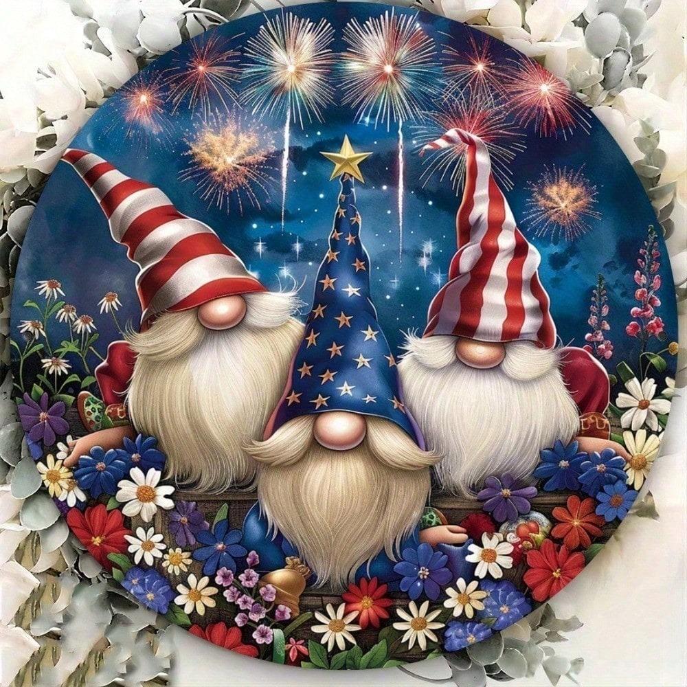 Round Patriotic Metal Wall Art, 8 Inch American Flag Gnome Sign, Farmhouse Front Porch Welcome Décor, Aluminum Home Decoration