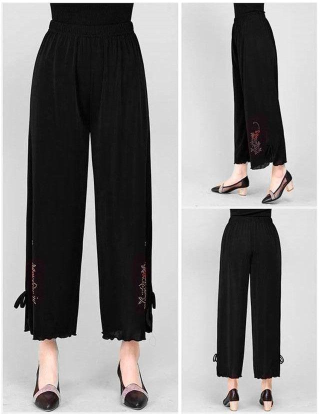 Ice Silk High-Waisted Wide-Leg Cropped Pants with Rhinestones for Women - Plus Size, Summer Casual