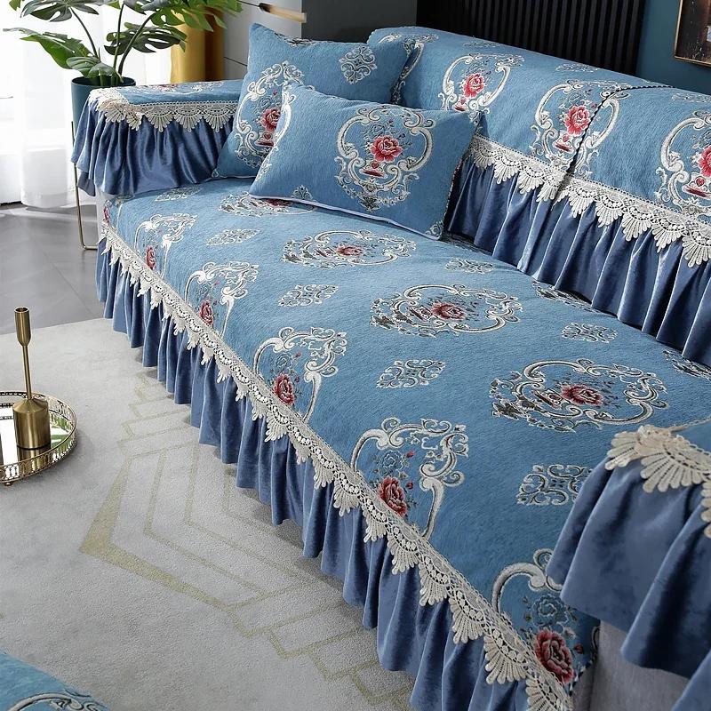 Vier Jahreszeiten Chenille Sessel Kissen Große Blume Rutschfeste Kissen Sofa Set Grüne Farbe Große Rock Saum 18cm Spitze Sofa Handtuch