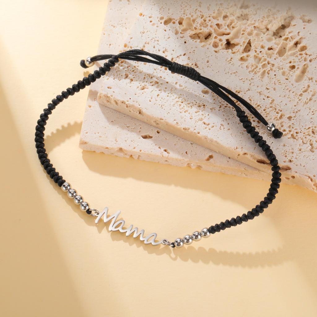 Lemegeton Mama Bracelets Wax Rope Adjustable Bracelet on Hand Fashion Stainless Steel Jewelry for Women Mother's Day Trend Gifts