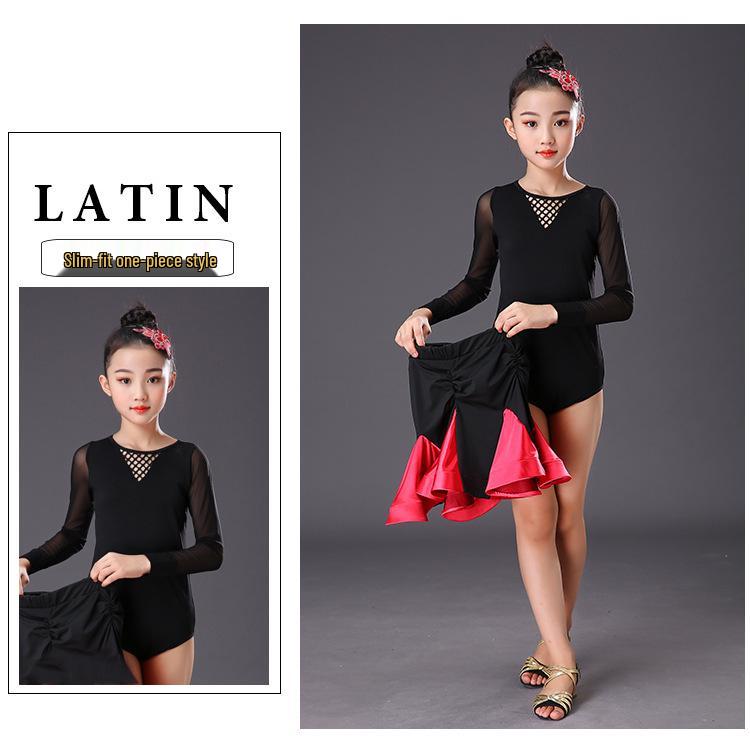 Girls' Exam Grade Latin Dance Costume Set - Long Sleeve Jumpsuit with Skirt for Autumn Practice