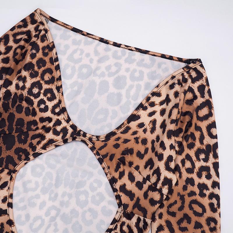 European & American Women's Autumn Leopard Print Hollow Out Long Sleeve Cropped Slim Fit Dress