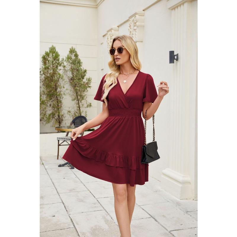 IHUASU Fashion Summer Spring Solid Color Print Short Sleeve V-Neck Casual Dresses