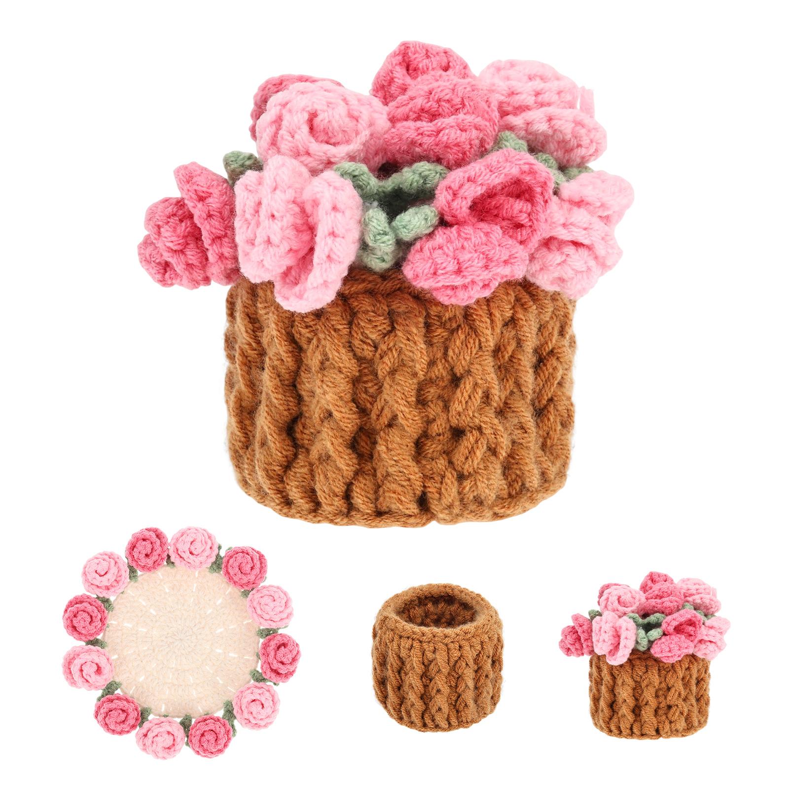 

1 Pc Rose Bouquet Coasters Handmade Bouquet Blanket Cup Pad Knitting Floral Cup Mat with Crochet Plant Pot Table Home Decoration розовый