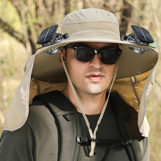 Bucket Hat Lightweight Breathable Water-Repellent Fabric Hiking Hat Adjustable Chin Cord Foldable Neck Guard Sun Hat with 2 Fans