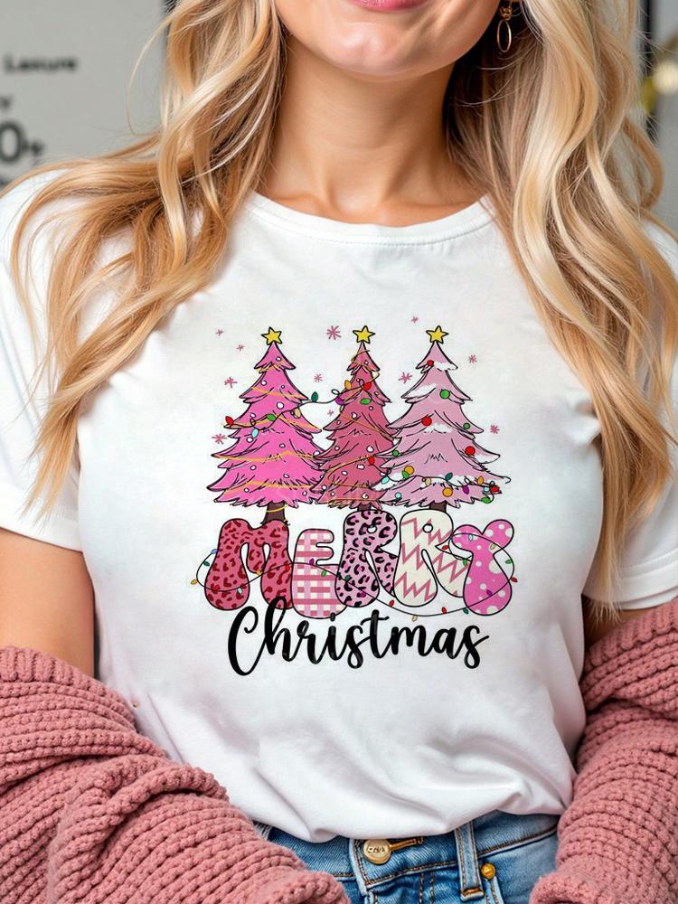 Pink Christmas Tree Women T Shirt Funny Merry Christmas Harajuku Casual O Neck Short Sleeve Female Clothing Tees